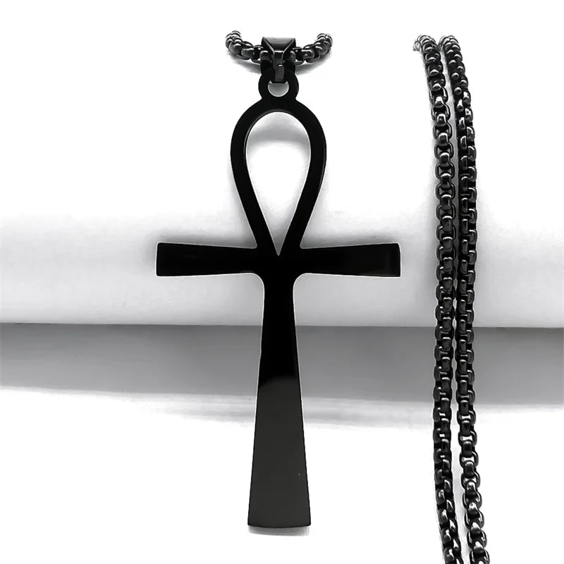 Goth Egyptian Cross Ankh Key of Life Necklace Stainless Steel Black Color Amulet Religious Necklaces Gothic Jewelry Gift N8582