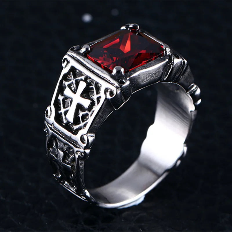 Fashion Personality Exquisite Red Zircon Cross Pattern Ring Charm Men's Party Jewelry Accessories Amulet Gift