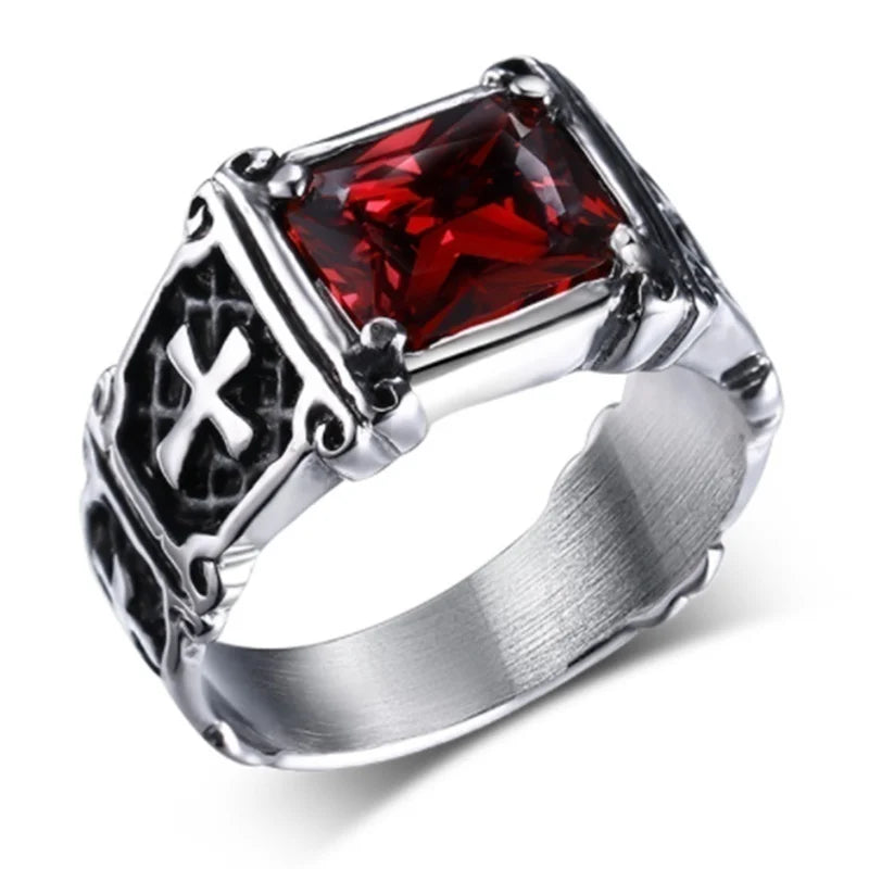 Fashion Personality Exquisite Red Zircon Cross Pattern Ring Charm Men's Party Jewelry Accessories Amulet Gift