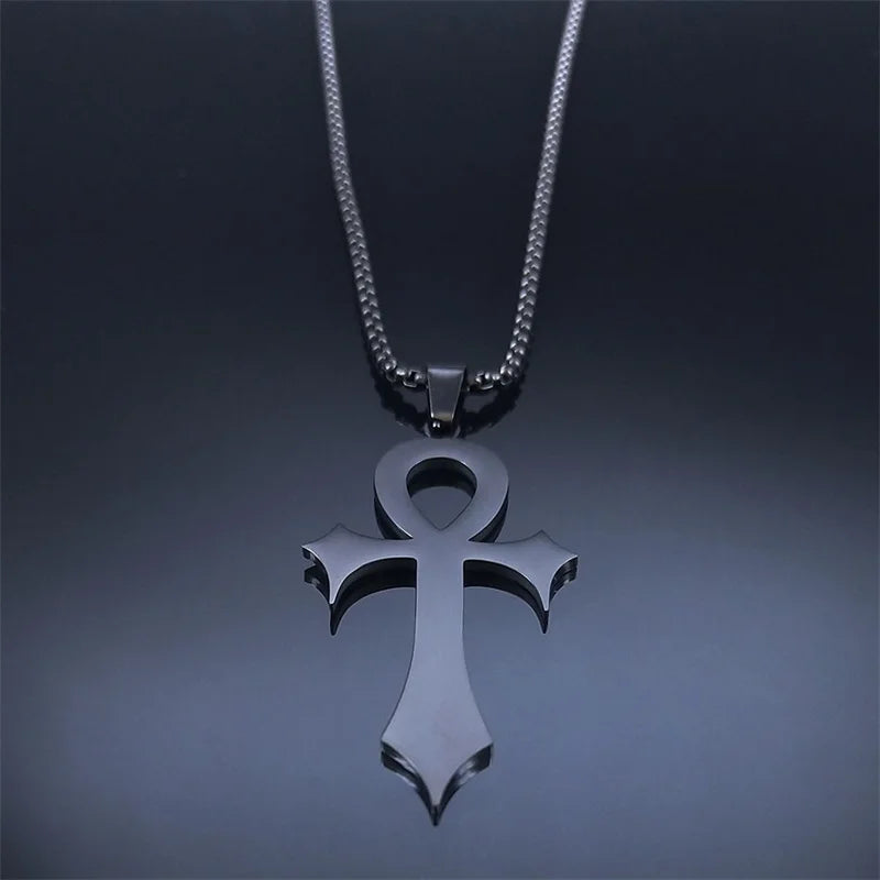 Goth Egyptian Cross Ankh Key of Life Necklace Stainless Steel Black Color Amulet Religious Necklaces Gothic Jewelry Gift N8582