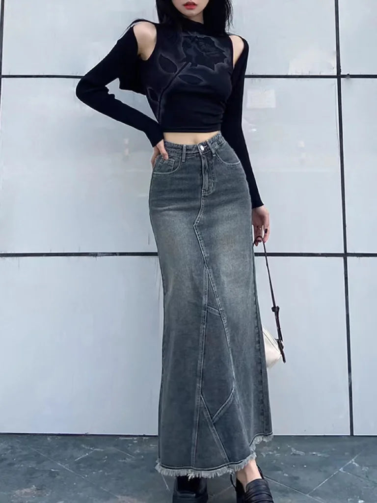 2023 Autumn Retro Classic All-Match Skirt Women Casual Commuter Outing Tight Sexy Irregular Long Denim Vitality Skirt Girl Cool