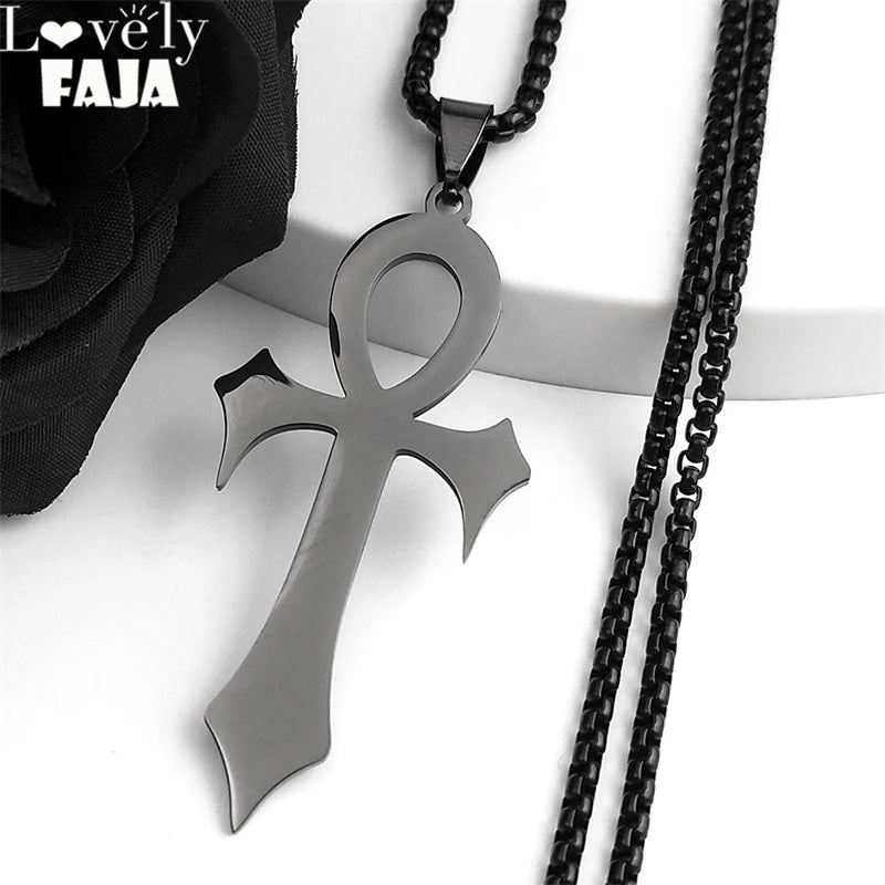 Goth Egyptian Cross Ankh Key of Life Necklace Stainless Steel Black Color Amulet Religious Necklaces Gothic Jewelry Gift N8582