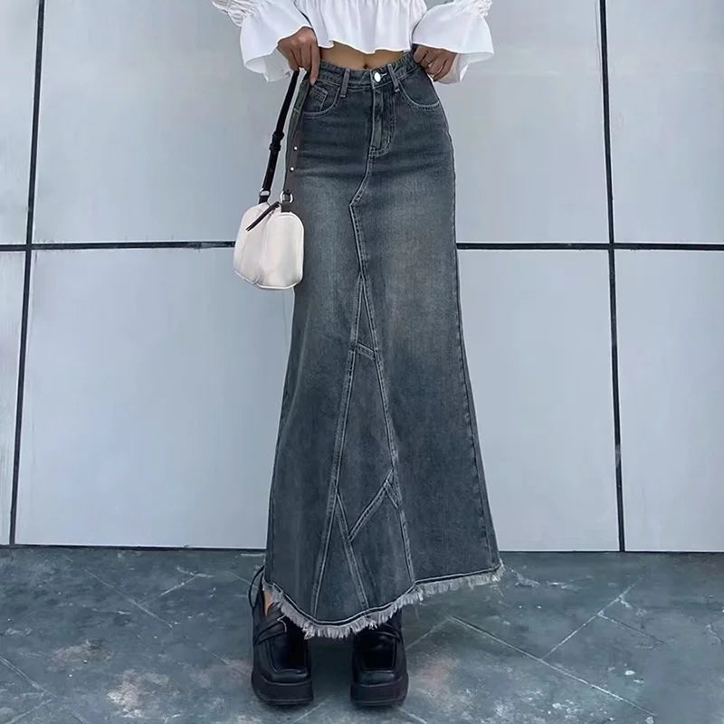 2023 Autumn Retro Classic All-Match Skirt Women Casual Commuter Outing Tight Sexy Irregular Long Denim Vitality Skirt Girl Cool