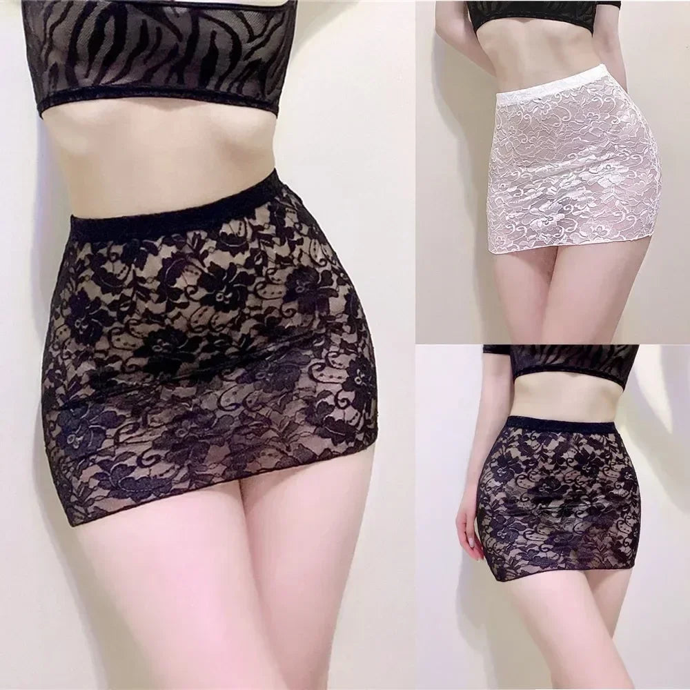 New Women's Sexy Black White Lace Translucent Sheer Short Mini Underdress Skirts Tight Lingerie Wrap Hip Clubwear Skirt Faldas