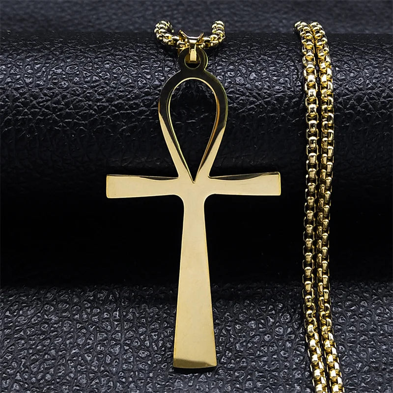 Goth Egyptian Cross Ankh Key of Life Necklace Stainless Steel Black Color Amulet Religious Necklaces Gothic Jewelry Gift N8582