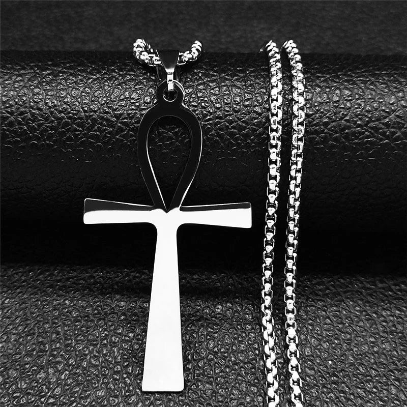 Goth Egyptian Cross Ankh Key of Life Necklace Stainless Steel Black Color Amulet Religious Necklaces Gothic Jewelry Gift N8582