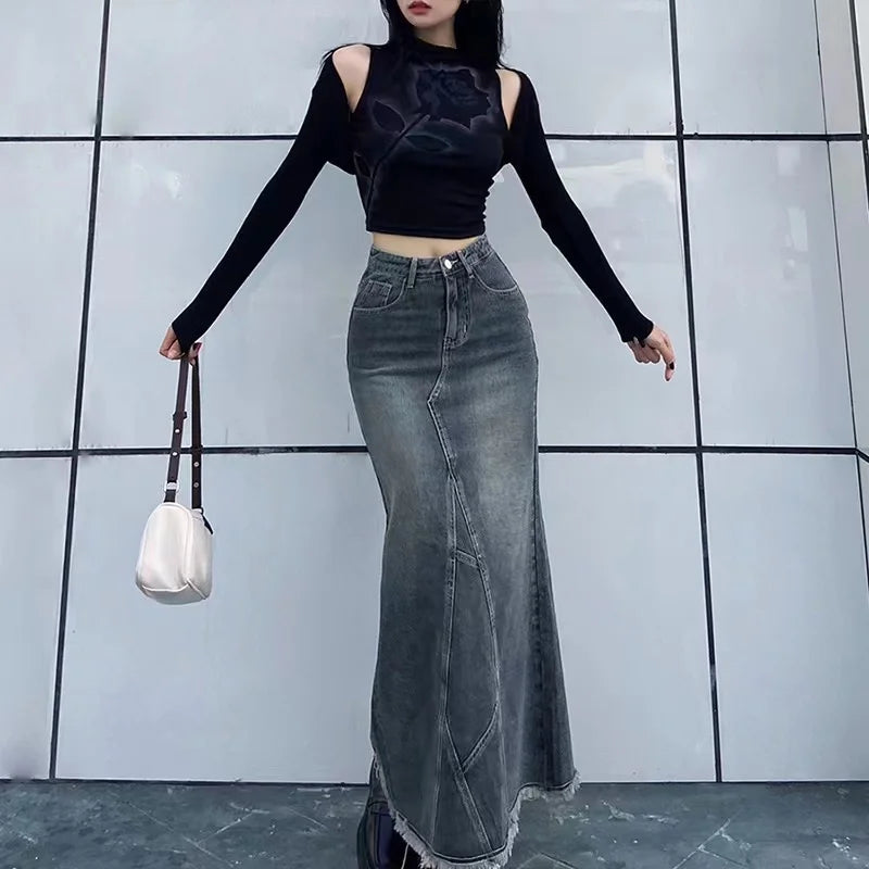 2023 Autumn Retro Classic All-Match Skirt Women Casual Commuter Outing Tight Sexy Irregular Long Denim Vitality Skirt Girl Cool