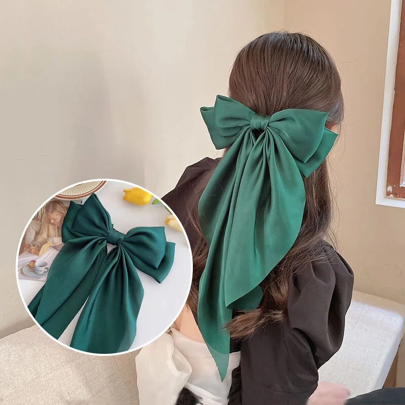 Chiffon Bow Hair Clip Women Large Bowknot Stain Hairpin Barrettes Girls Solid Color Ponytail Clip Hair Accessories Headwear Gift