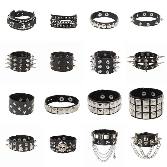 2022 New PU Leather Bracelet Punk Bracelet Adjustable Skull Goth Cuff Bracelet Gothic Rivet Buckle Wristband for Men Women