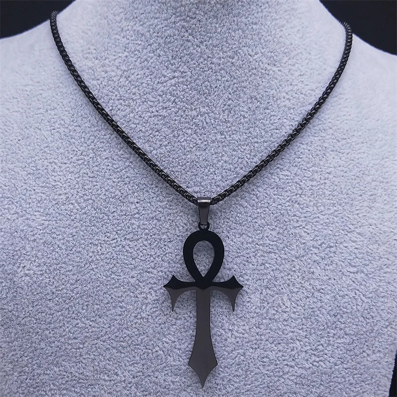 Goth Egyptian Cross Ankh Key of Life Necklace Stainless Steel Black Color Amulet Religious Necklaces Gothic Jewelry Gift N8582