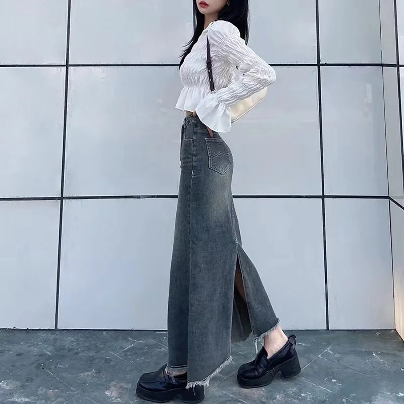 2023 Autumn Retro Classic All-Match Skirt Women Casual Commuter Outing Tight Sexy Irregular Long Denim Vitality Skirt Girl Cool