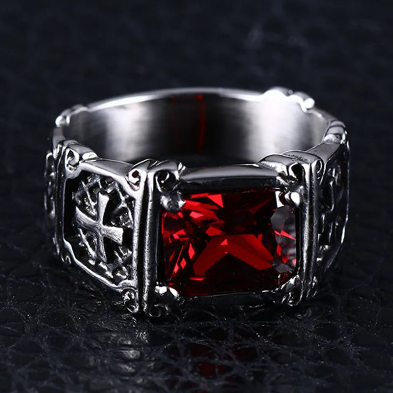 Fashion Personality Exquisite Red Zircon Cross Pattern Ring Charm Men's Party Jewelry Accessories Amulet Gift