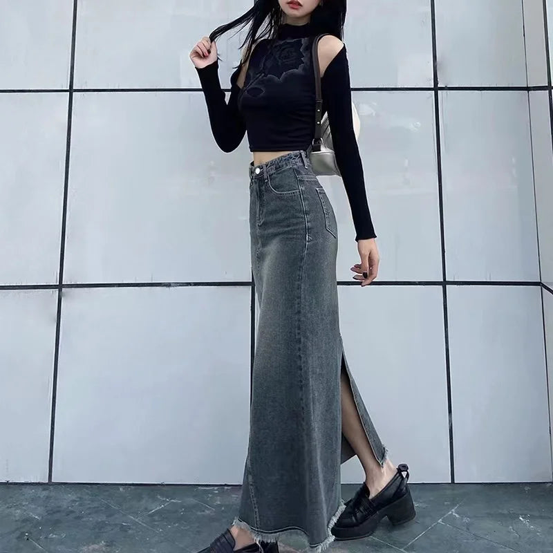 2023 Autumn Retro Classic All-Match Skirt Women Casual Commuter Outing Tight Sexy Irregular Long Denim Vitality Skirt Girl Cool