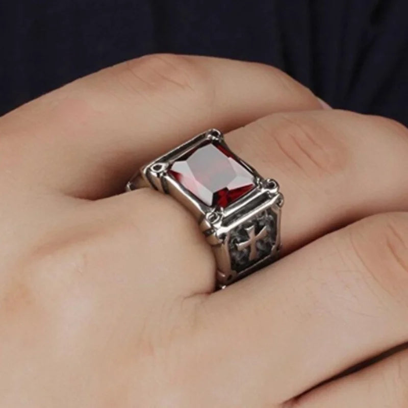 Fashion Personality Exquisite Red Zircon Cross Pattern Ring Charm Men's Party Jewelry Accessories Amulet Gift